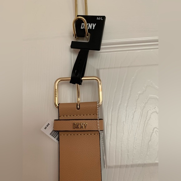 Dkny Accessories - NWT DKNY Camel Vegan Leather Belt with Gold Buckle & Silver Back Side Size M/L